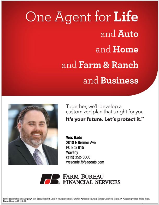 Wes Gade Agent Farm Bureau Financial Services | 2018 E Bremer Ave, Waverly, IA 50677, USA | Phone: (319) 352-3666