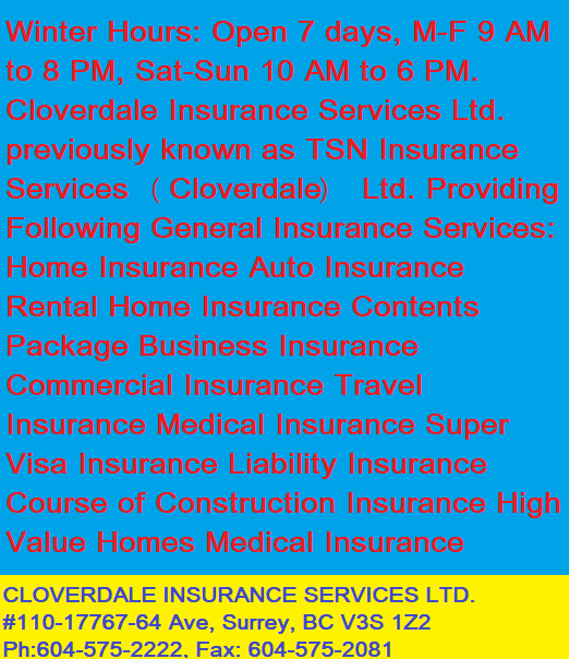 Cloverdale Insurance Services Ltd. - ICBC Autoplan Agency (Surre | 110, 17767 64 Ave, Surrey, BC V3S 1Z2, Canada | Phone: (604) 575-2222