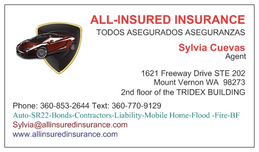 ALL INSURED INSURANCE AGENCY - Sylvia Cuevas Se Habla Espanol | 1621 Freeway Dr, Mt Vernon, WA 98273, USA | Phone: (360) 853-2644